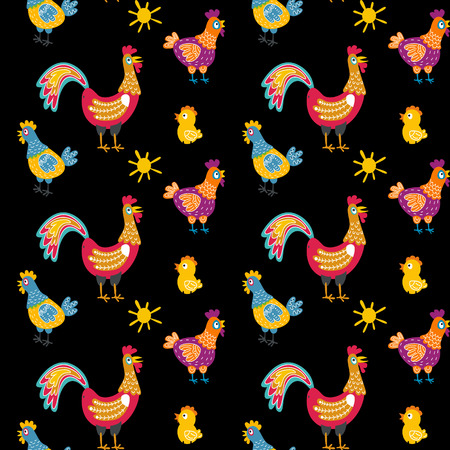 Vector fun chickens seamless pattern background with hand drawn farm birds. artのイラスト素材