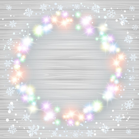 Vector Christmas lights on wood texture background artのイラスト素材