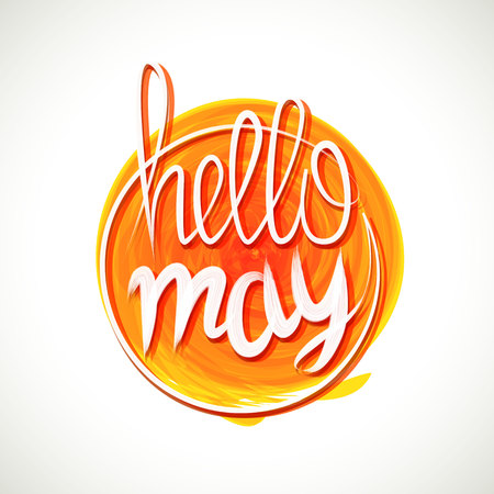 Hello spring lettering. Grange yellow colored frame. Greetings web banner. Spring sale banner. Sunny vector illustration. Cartoon, comic bubble artのイラスト素材