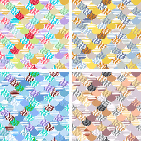 set Abstract seamless patterns set. Japanese style, fish scale. Golden, blue, white colors and splash. Vector backgrounds for fabric, wallpaper and wrap. colorfull wave. artのイラスト素材