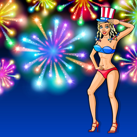 illustration of a girl celebrating Independence Day Vector Poster. 4th of July Lettering. American Red on Blue Background with Stars burst. firework artのイラスト素材
