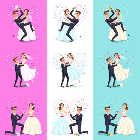 set. Happy Couple celebrating marriage, dancing, kissing, hugging, holding each other in arms, cut cake, riding bike and horse, jumping after ceremony Just married, newlyweds, bride and groom. vector artのイラスト素材
