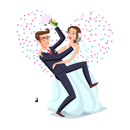 Just married funny couple, bride and groom dance from after wedding ceremony pink background heart vector artのイラスト素材