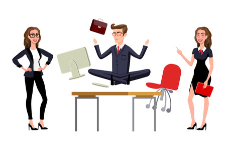 Exhausted employee meditating on a work desk in the office. Relaxation at workplace. Artのイラスト素材