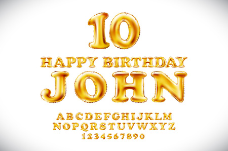 Happy birthday JOHN vector Metallic Gold Balloons alphabet and numerals from yellow Golden on a white background. name holidays golden letter. birthday, celebration. shiny bright font artのイラスト素材