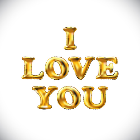 Gold letter i love you balloons. golden characters balloons in the air. For celebration, party, date, invitation, event, card and Valentine's Day. I love you. Shine glossy metallic balloons background artのイラスト素材