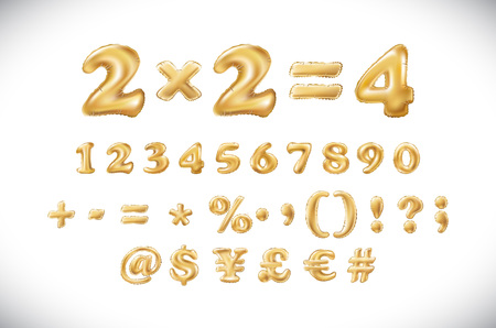 Metallic Gold Letter Balloons, 1 2 3 4 5 6 7 8 9 golden numeral alphabeth. mathematics, numbers artのイラスト素材