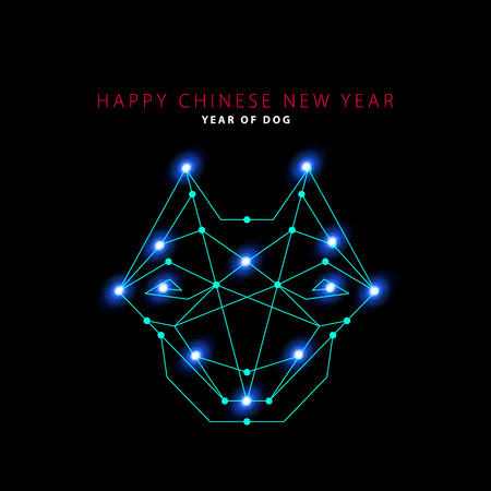 Fantasy duotone dog silhouette with snowflakes and 2018 New Year inscription on the night sky with lights and stars.のイラスト素材