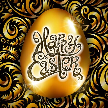 Happy Easter. Calligraphy lettering. Beautiful greeting card. golden egg with abstract gold ornament. Vector. black backround artのイラスト素材