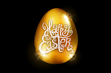 Happy Easter. Calligraphy lettering. Beautiful greeting card. golden egg Vector. black backround artのイラスト素材