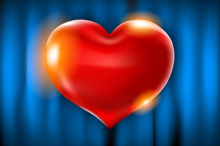 Realistic 3d red heart shape with covering. Vector illustration. Love sign with gold. Decoration element for design. Blue curtain background art.のイラスト素材