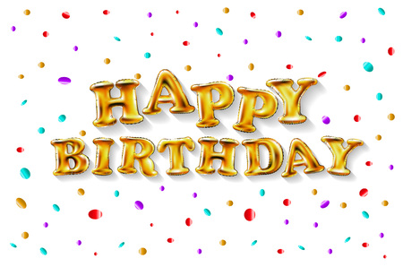 Happy Birthday typography vector design for greeting cards and poster with golden balloon, confetti and gift box, design template for birthday celebration. artのイラスト素材