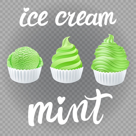 vector green Set of Ice cream scoops poster design with creme Fresh Frozen mint isolated on transparent background artのイラスト素材
