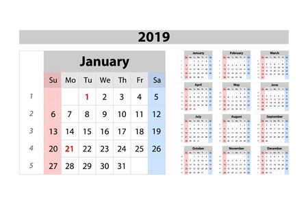 vector calendar 2019, Week starts from Sunday, business template artのイラスト素材