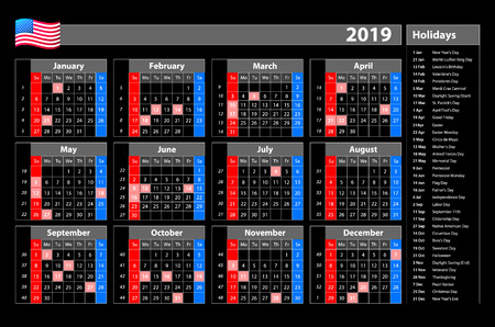 black vector Simple calendar 2019 - one year at a glance - starts Monday with public holidays for the USA artのイラスト素材