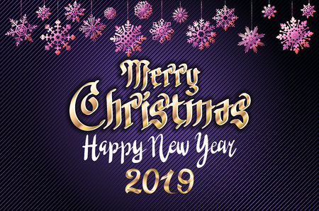 vector gold Merry christmas greetings and Happy new year 2019 dark blue background. golden snowflakes artのイラスト素材