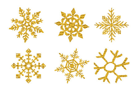 set six Gold glitter texture snowflake isolated on white background. Vector illustration. artのイラスト素材