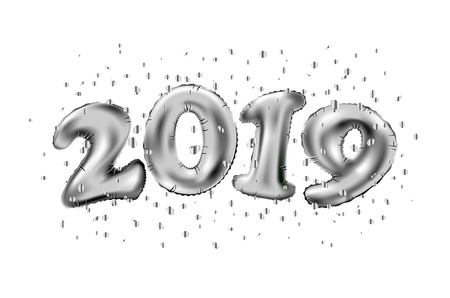 Happy New 2019 Year. Holiday vector illustration of silver metallic ballon numbers 2019. Realistic 3d sign. Festive poster or banner design artのイラスト素材