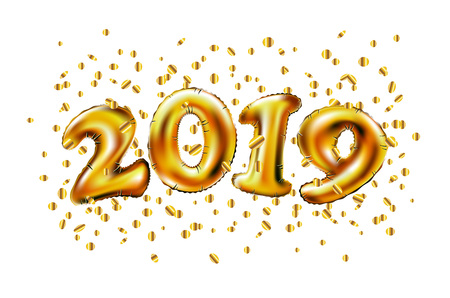 vector Golden Christmas balloons 2019 made of inflatable balloon with golden ribbon isolated on white background artのイラスト素材