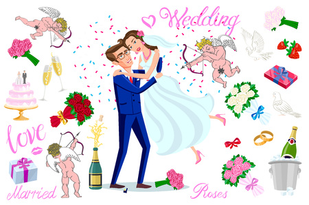 set vector Just married, newlyweds, bride and groom set. Happy Couple celebrating marriage, dancing, kissing, hugging, holding each other in arms, cut cake, jumping after ceremony artのイラスト素材