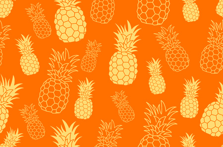 Pineapple seamless orange pattern, hand drawn. Textile print for apparel. yellow Realistic handmade line ananas. vector illustration isolated on white background. artのイラスト素材