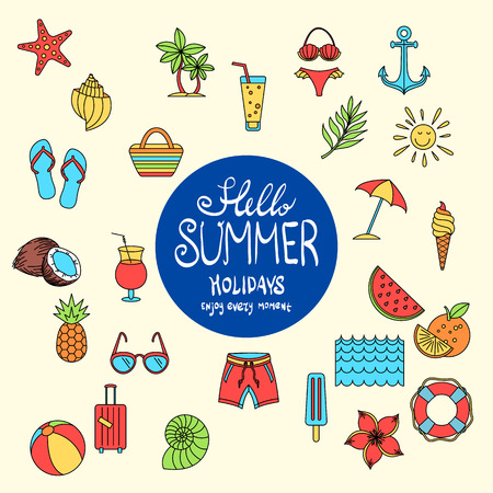 Hello Summer collection. Vector illustration of colorful funny ice cream, palm tree, sunglasses, pineapple, watermelon, umbrella, anchor, orange, coconut, juice, flower, suitcase, bikini, Lifebuoy artのイラスト素材