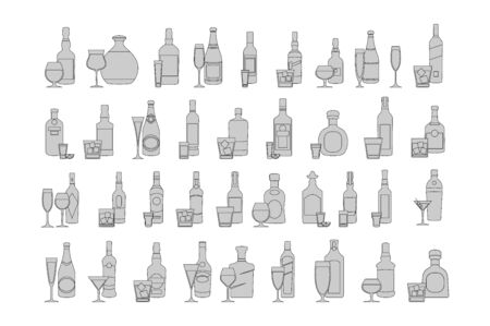 bottles and glasses line black icon set vector illustration. Holiday celebration. Alcohol drinks on white background. artのイラスト素材