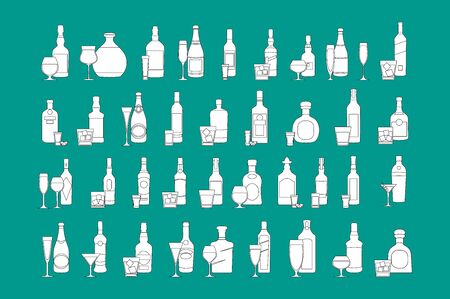 bottles and glasses line black icon set vector illustration. Holiday celebration. Alcohol drinks on blue background. artのイラスト素材