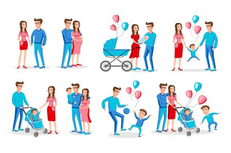Set of characters showing the stages of development of the family. Creation, birth of children, care and upbringing. Mother, father and son. Vector illustration in a flat styleのイラスト素材