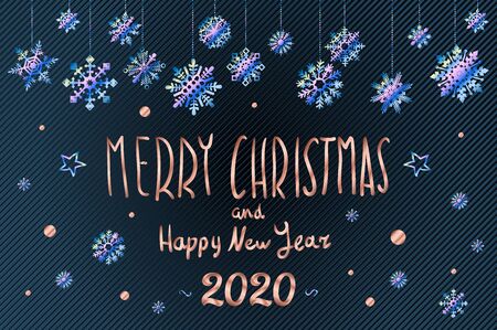 Merry Christmas and Happy New Year 2020 year blue snowflakes glittering lettering design.のイラスト素材