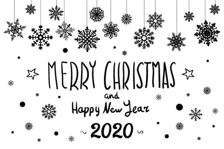 Merry Christmas and Happy New Year 2020 year snowflakes lettering design.のイラスト素材
