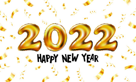 Happy New Year 2022. Background realistic golden balloons. Decorative design elements. Object render...