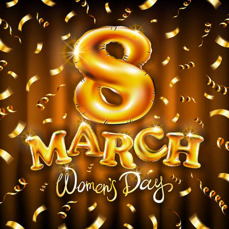8 March International women day vector illustration - Golden number eight, ribbons and falling golden confetti on a orange background. Design for greeting card, invitation, flyer and etc. artのイラスト素材