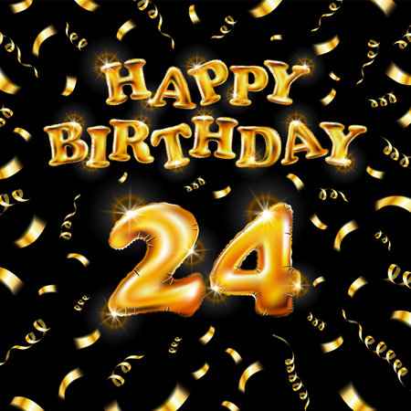 Happy Birthday 24 message made of golden inflatable balloon twenty four letters isolated on black background fly on gold ribbons with confetti. Happy birthday party balloons vector illustration artのイラスト素材