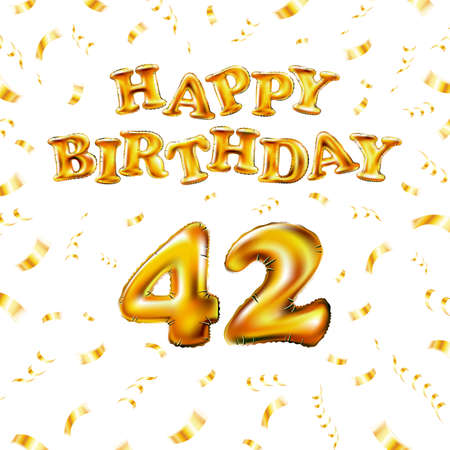 Golden number forty two metallic balloon. Happy Birthday message made of golden inflatable balloon. 42 number letters on white background. fly gold ribbons with confetti. vector illustration artのイラスト素材