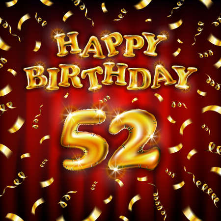 Golden number fifty two years metallic balloon. Happy Birthday message made of golden inflatable balloon. 52 number etters on red background. fly gold ribbons with confetti. vector illustration artのイラスト素材