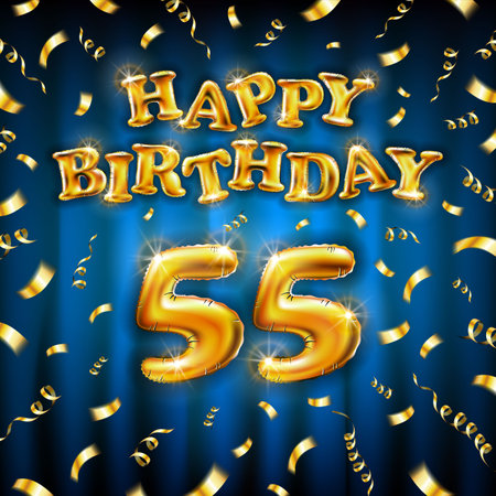 Golden number fifty five years metallic balloon. Happy Birthday message made of golden inflatable balloon. 55 number etters on blue background. fly gold ribbons with confetti. vector illustrationのイラスト素材
