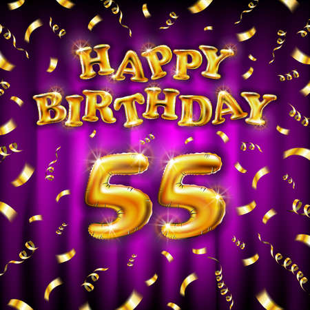 Golden number fifty five years metallic balloon. Happy Birthday message made of golden inflatable balloon. 55 number etters on pink background. fly gold ribbons with confetti. vector illustrationのイラスト素材