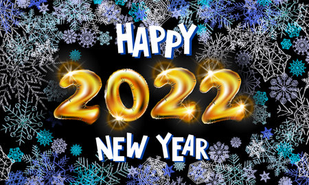 Happy New Year 2022. Hanging golden 3D numbers with ribbons and confetti on a defocused colorful, bokeh background.のイラスト素材