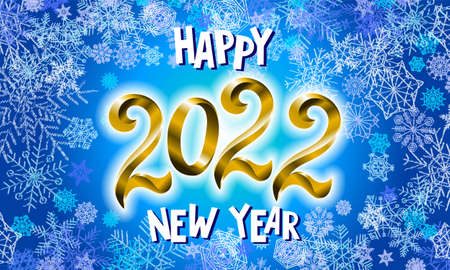 Happy New Year 2022. Background realistic golden balloons. Decorative design elements. Object render 3d ballon with ribbon. Celebrate party Poster, banner, greeting card. Festive Vector illustration.のイラスト素材