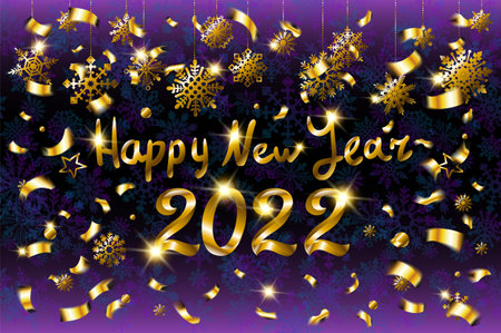 2022 A Happy New Year sign, congrats concept. Beautiful snowy backdrop. fly gold ribbons with...