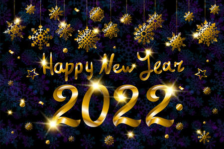 2022 A Happy New Year sign, congrats concept. Beautiful snowy backdrop. fly gold ribbons with confetti. Golden digits Creative Christmas decoration. Snowflake Vector illustration.のイラスト素材