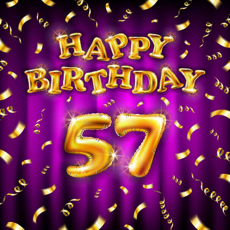 Golden number fifty seven metallic balloon. Happy Birthday message made of golden inflatable balloon. 57 number letters on pink background. fly gold ribbons with confetti. vector illustrationのイラスト素材