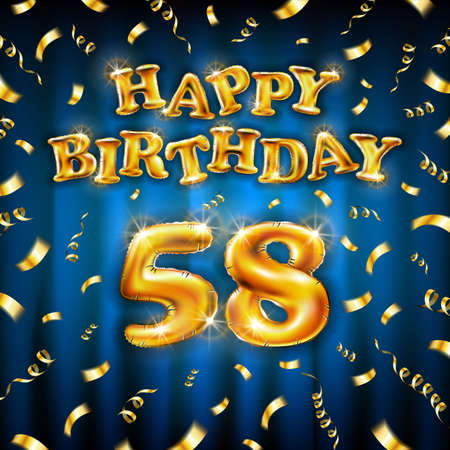 Golden number fifty eight metallic balloon. Happy Birthday message made of golden inflatable balloon. 58 number letters on blue background. fly gold ribbons with confetti. vector illustrationのイラスト素材