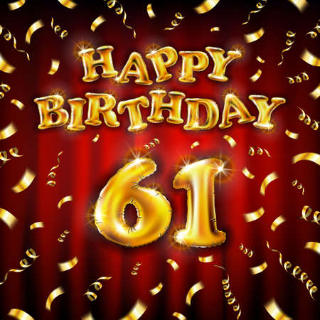 Golden number sixty one metallic balloon. Happy Birthday message made of golden inflatable balloon. 61 number letters on red background. fly gold ribbons with confetti. vector illustrationのイラスト素材