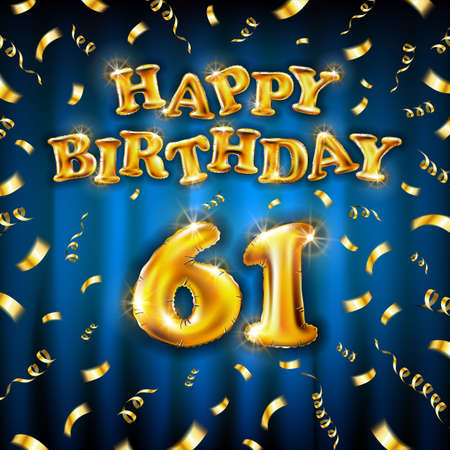 Golden number sixty one metallic balloon. Happy Birthday message made of golden inflatable balloon. 61 number letters on blue background. fly gold ribbons with confetti. vector illustrationのイラスト素材