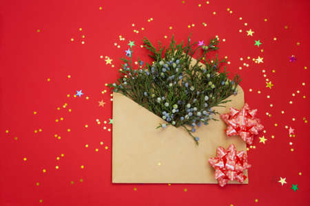 Christmas envelope with tree branchesの写真素材