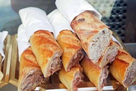 Bunch of fresh Baguettes on french farmer marketの写真素材