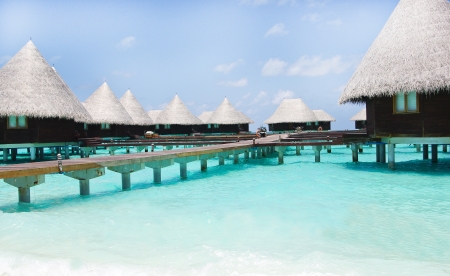 Water villas on tropical caribbean island, Maldivesのeditorial素材