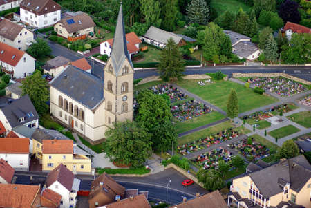 View from above on German town during sunset from hot air baloon, Germany. Christian church.のeditorial素材